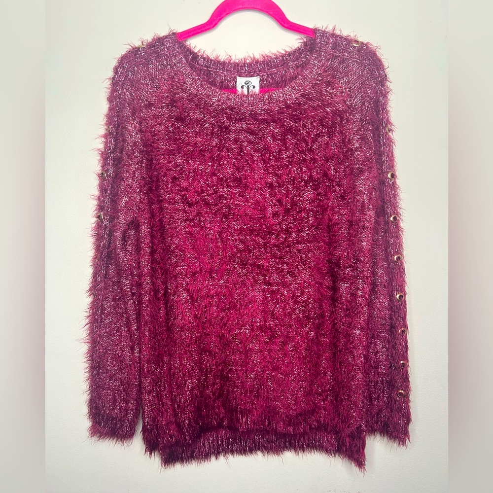 Y2K Grommet Long Sleeved Fuzzy Soft Purple Maroon Sweater Rain & Rose Size Large